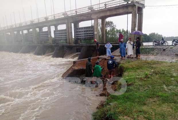 Công ty TNHH Khai thác công trình thủy lợi Bình Định khảo sát để khắc phục một điểm sạt lở ở hạ lưu đập Cây Gai thuộc xã Cát Lâm (Phù Cát). Ảnh: NGUYỄN HÂN